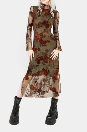 Disturbia Rosaleigh Flock Velour Mesh Midaxi Dress in Green at Nordstrom, Size 16