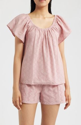 Bobeau Eyelet Embroidered Peasant Top in Dusty Pink at Nordstrom, Size X-Large
