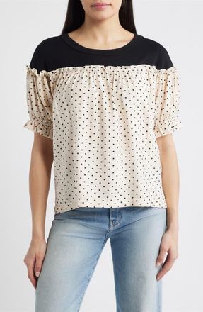 Loveappella Contrast Yoke Puff Sleeve Top in Ivory/Black at Nordstrom, Size X-Large