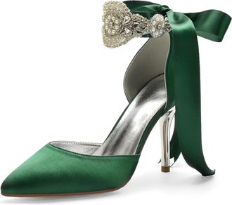 Miyoopark Wedding and Evening Shoes for Women Prom Pumps with Ribbon M531 Dark Green UK 6.5