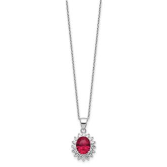 Diamond2Deal Sterling Silver Rhodium-plated Lab Created Ruby and CZ Oval Halo Pendant Necklace