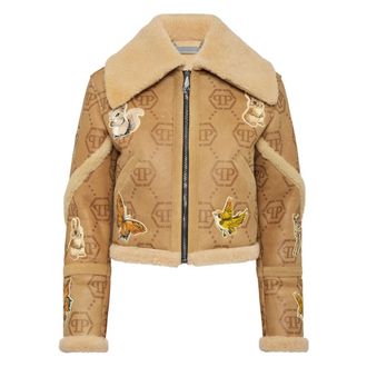 Philipp Plein Cropped Geborduurde Leren en Shearling Jas Monogram - Dames - Jassen - Beige - L - Leer - Jassen