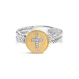 House of Brilliance Silver Diamond Cross Ring with Satin Finish in Yellow at Nordstrom, Size 8