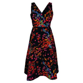 Saloni Floral-Print V-Neck Midi Dress in Multicolor Polyester