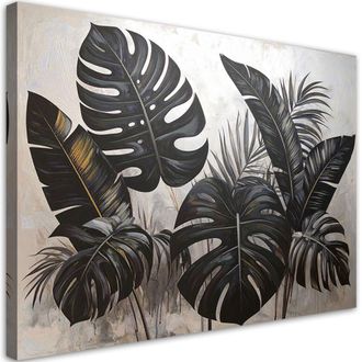 Feeby Impresi&oacute;n De Imagen Hojas Negras De Monstera Y Platanero Sobre Fondo Gris 100x70