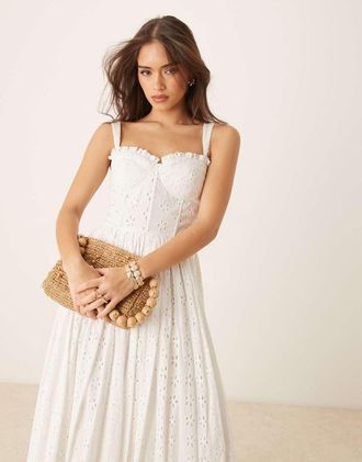 Lace & Beads Vestito al polpaccio in pizzo di cotone bianco a corsetto