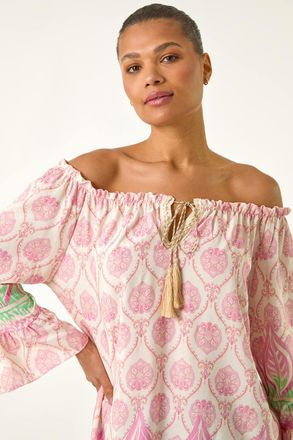 Roman Printed Bardot Tie Neck Top
