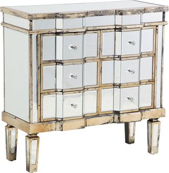 Beliani Glam Mirrored Sideboard 6 Drawers Silver Glass Gold Painted Distressed Mozela