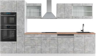 Vicco Mueble De Cocina R-line, Hormig&oacute;n/blanco, 350 Cm Con Armario Alto, Et Roble