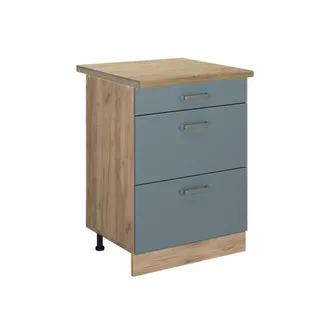 Vicco Mueble Bajo De Cocina R-line, Gris Azulado, 60 Cm Con Cajones, Et Roble