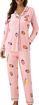 Generic Womens Cotton Pyjamas Women Casual Lapel Button Polka Dots Print Two Long Sleeve Pajamas Suit Womens Button Down Pajamas Set Cotton Womens Pyjamas Set