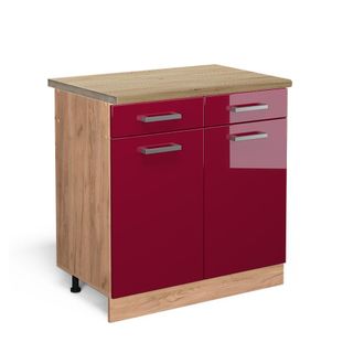 Vicco Mueble Bajo De Cocina R-line, Rojo Burdeos Alto Brillo, 80 Cm, Et Roble