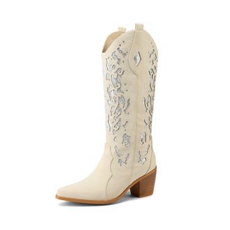 Generic Womens Knee High Embroidered Boots - Combining Western Cowboy and Equestrian Style with a Block Heel,Beige,5.5 UK