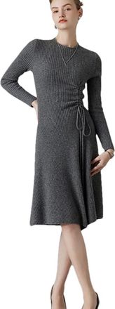 Generic Winter 100 Percent Cashmere Dress Womens Crew Neck Drawstring Waist Slim Fit Mid-Length Knitted Sweater Dress Gray