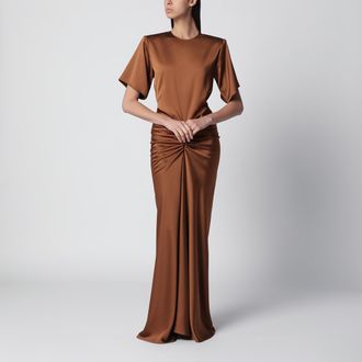 Andamane Long Iris dress in bronze with gathered waist