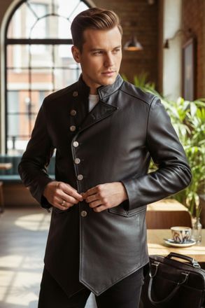 Infinity Leather Mens Black Leather Mandarin Military Assymetrical Jacket - Silent