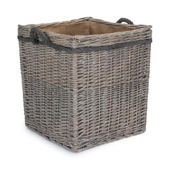 Red Hamper Set of 3 Wicker Grey Wash Square Hessian Lined Log Basket