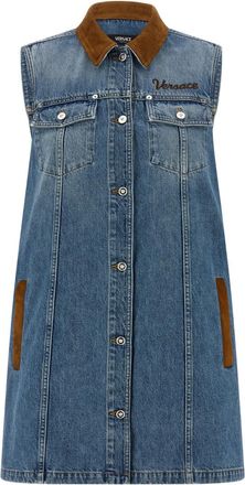 Versace Blue Shirt Collar Logo Mini Dress