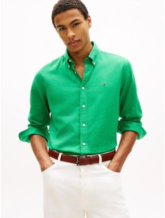 Tommy Hilfiger Mens Regular Fit Linen-Blend Shirt - Vivid Clover - L