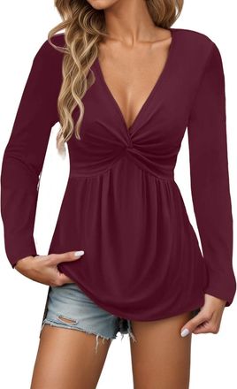 Generic Tops for Women Empire Waist Wrap Baby Doll Tunic Top Long Sleeve Low Cut Shirt V Neck Flowy Blouse