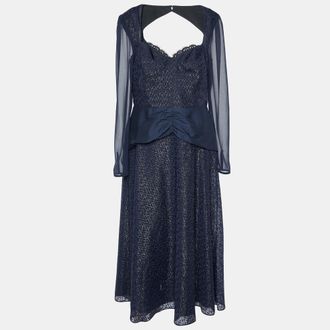 Self Portrait Navy Blue Metallic Fil Coupe Midi Dress