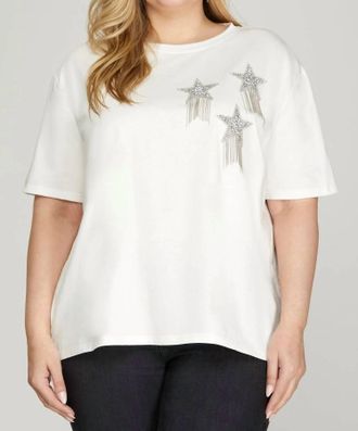 She + Sky Rhinestone Star Fringe Top In White
