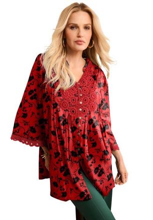 Roaman's Plus Size Juliet Lace Trim Button-Down Shirt in Red Black Flower at Nordstrom, Size 42
