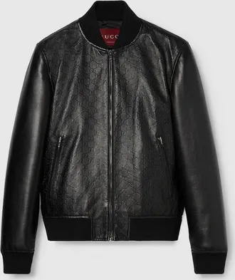 Gucci Embossed GG Leather Bomber Jacket, Size 44 IT, Black, Ready-to-wear
