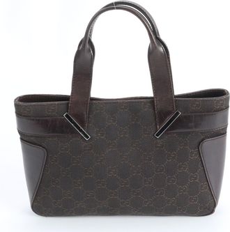 Gucci Brown Leather Canvas Handbag Tote Bag (Pre-Owned)