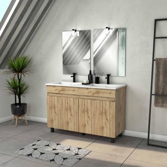 Aurlane Aurlane - Mueble De Ba&ntilde;o 120cm 4 Puertas Aspecto Roble Natural + Lavabo Blanco Y Espejos Con Apliques Led