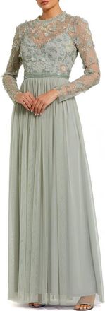 Mac Duggal Embellished Illusion High Neck Long Sleeve Gown in Sage at Nordstrom, Size 12