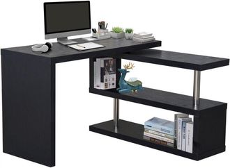 HOMCOM Corner Rotating L-Shaped Office Table Computer Desk with Storage Shelf Black