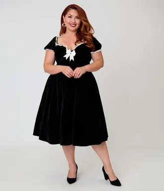 Unique Vintage Plus Size Sweetheart Puff Sleeve Swing Dress in Black W/White Ribbon at Nordstrom, Size 5X