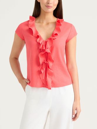 Ellen Tracy Womens Frilled Tie-Front Top
