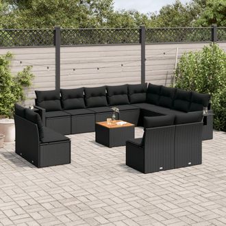 vidaXL Set De Sof&aacute;s De Jard&iacute;n Y Cojines 13 Pzas Rat&aacute;n Sint&eacute;tico Negro Vidaxl