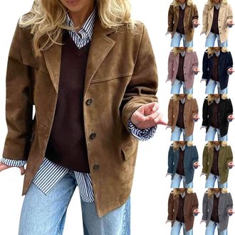 Generic Womens Suede Jackets Oversized Single-Breasted Faux Leather Blazers Vintage Notch Lapel Collar Suit Coats in Old Money Aesthetic Fall Winter Long Slee