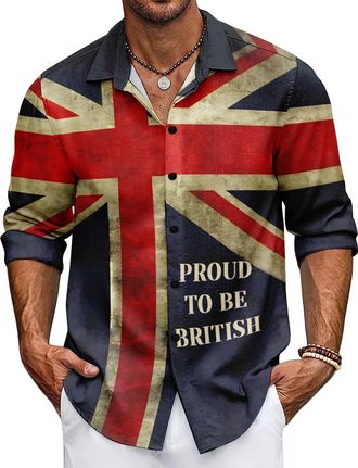 Generic Mens Union Jack Shirt Great Britain Bunting Flags Print Long Sleeve Shirts Casual Button Down Shirt (UK, Alpha, 4XL, Regular, Regular, 1)