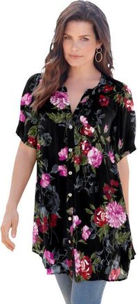 Roaman's Plus Size Angelina Crinkle Crepe Y-Neck Short Sleeve Tunic in Black Painted Floral at Nordstrom, Size 26