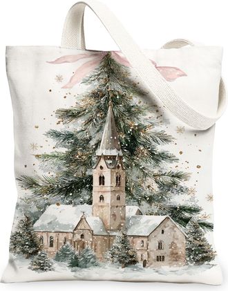 Generic Winter Church Canvas Tote Bags, Holiday Tree Design Reusable Grocery Bags, Festive Vintage Washable Shoulder Strap Canvas F, White, 13x15 Inch