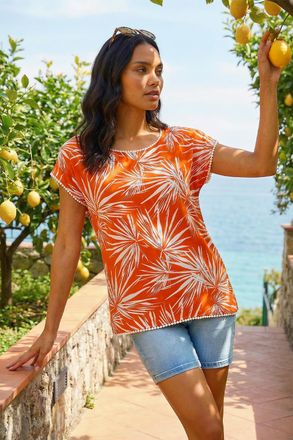 Roman Leaf Print Bobble Trim Top