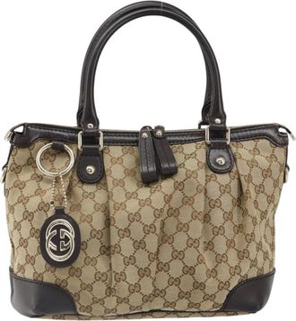 Gucci Sukey Top Handle Satchel Gg Canvas With Leather Beige Canvas Handbag (Pre-Owned)