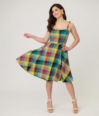 Unique Vintage 1950s Bobbie Swing Dress in Green Multi Plaid at Nordstrom, Size X-Small