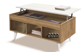 HOGAR 24 Mesa centro elevable, almacenaje y estantes madera, encerado y blanco