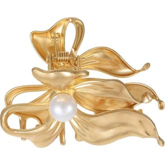 Ettika Faux Pearl Bow Claw Clip in Gold at Nordstrom