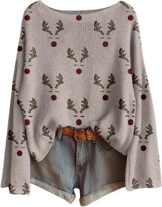 Generic Christmas Jumpers for Women Xmas Tree Print Ladies Xmas Tops Funny Christmas Sweater Boho Sweatshirt Pullover