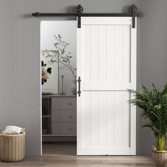 HOMCOM Homcom - Puerta Corredera De Granero Con Herrajes Puerta Corredera De Interior Con Manija Rodillo Y Gu&iacute;a De Suelo Mejorados 91,5x213,4 Cm Blanco