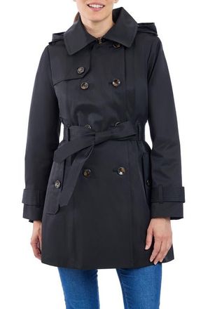 London Fog Hooded Double Breasted Cotton Blend Trench Coat in Black at Nordstrom, Size X-Large
