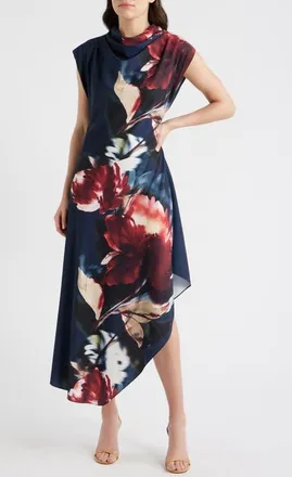 Maggy London Print Asymmetric Cap Sleeve Cowl Neck Dress in Navy at Nordstrom, Size 12