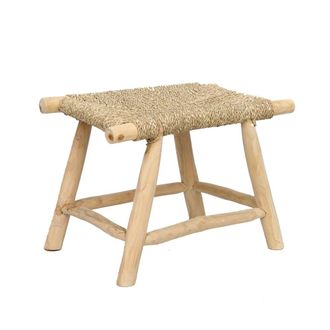 Bazar Bizar Taburete de madera de teca y hierba marina marr&oacute;n 60x40x45cm