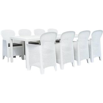 vidaXL Conjunto Cena Para El Exterior 9 Pcs Apariencia De Mimbre De Pl&aacute;stico Blanco